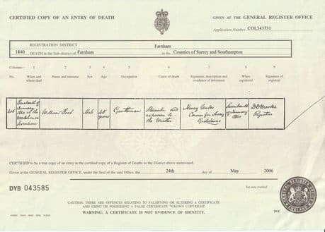 William Foote's death certificate