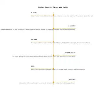 Timeline of key dates related to Father Foote's Cave, including events from the 1830s to 2025, with descriptions of William Foote's life, the cave's discovery, historical significance, and ongoing research efforts.