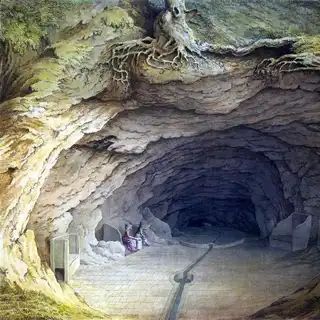 Painting of the cave entrance, children resting inside