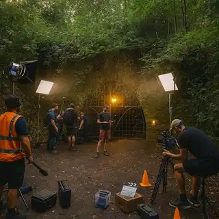 A film crew at the cave entrance
