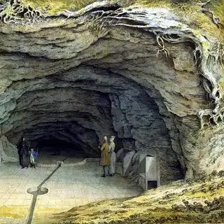 A painted impression of the cave interior with visitors